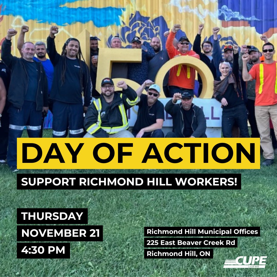 Stand with Richmond Hill Workers! 📢
These workers keep the city running—now they need our support. Join the rally for a fair deal:
📅 Nov 21 | 🕒 4:30-6 PM | 📍 Richmond Hill Municipal 
#RichmondHillStrong #FairContractNow #SupportOurWorkers #OSBCU @cupeontario @cupelocal905