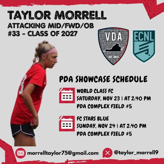 Taylor Morrell (@taylor_morrell9) on Twitter photo So excited to compete with my <a href="/vdasoccer/">Virginia DevAcademy</a> 09 team this weekend at the PDA showcase. Come watch our team play! <a href="/bobbypup/">Bobby Puppione</a> <a href="/ImYouthSoccer/">ECNL/GA/Recruiting/College Soccer</a> <a href="/TopDrawerSoccer/">TopDrawerSoccer</a> <a href="/PrepSoccer/">Prep Soccer ⚽️</a> So excited to compete with my <a href="/vdasoccer/">Virginia DevAcademy</a> 09 team this weekend at the PDA showcase. Come watch our team play! <a href="/bobbypup/">Bobby Puppione</a> <a href="/ImYouthSoccer/">ECNL/GA/Recruiting/College Soccer</a> <a href="/TopDrawerSoccer/">TopDrawerSoccer</a> <a href="/PrepSoccer/">Prep Soccer ⚽️</a>