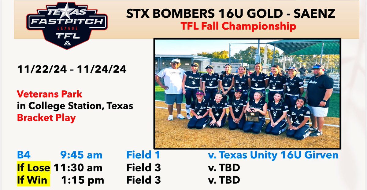 BombersGoldSaenz16u (@bombersaenz16u) on Twitter photo ‼️TFL Championship in College Station at Veterans Park‼️
Last tournament of the Fall for these talented 26s, 27s, and 28s.
<a href="/SoftballDown/">Down South Softball</a> <a href="/CoastRecruitsSB/">Coast Recruits 🥎</a> @softball_Home <a href="/CoastRecruits/">Coast 2 Coast Recruits</a> <a href="/TFLfastpitch/">Texas Fastpitch League</a> <a href="/CoachDickson/">Nicole Dickson</a> <a href="/SM_Thunder33/">Joe Saenz</a> <a href="/JoelWorthington/">Joel Worthington</a> ‼️TFL Championship in College Station at Veterans Park‼️
Last tournament of the Fall for these talented 26s, 27s, and 28s.
<a href="/SoftballDown/">Down South Softball</a> <a href="/CoastRecruitsSB/">Coast Recruits 🥎</a> @softball_Home <a href="/CoastRecruits/">Coast 2 Coast Recruits</a> <a href="/TFLfastpitch/">Texas Fastpitch League</a> <a href="/CoachDickson/">Nicole Dickson</a> <a href="/SM_Thunder33/">Joe Saenz</a> <a href="/JoelWorthington/">Joel Worthington</a>