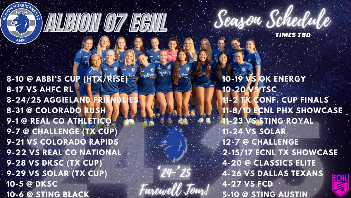 🚨Here we go…07 ECNL is off and running in its final season. We’ll soak it all in on our 24-25 “Farewell Tour”!
📢Coaches here is updated team flyer (11/20/24). Still some uncommitted 25s &amp; 26s. 
#ahfcfamily #ahfcpride
<a href="/ImYouthSoccer/">ECNL/GA/Recruiting/College Soccer</a> <a href="/PrepSoccerTX/">Prep Soccer Texas</a> <a href="/TheSoccerWire/">SoccerWire</a> <a href="/ECNLgirls/">ECNL Girls</a>