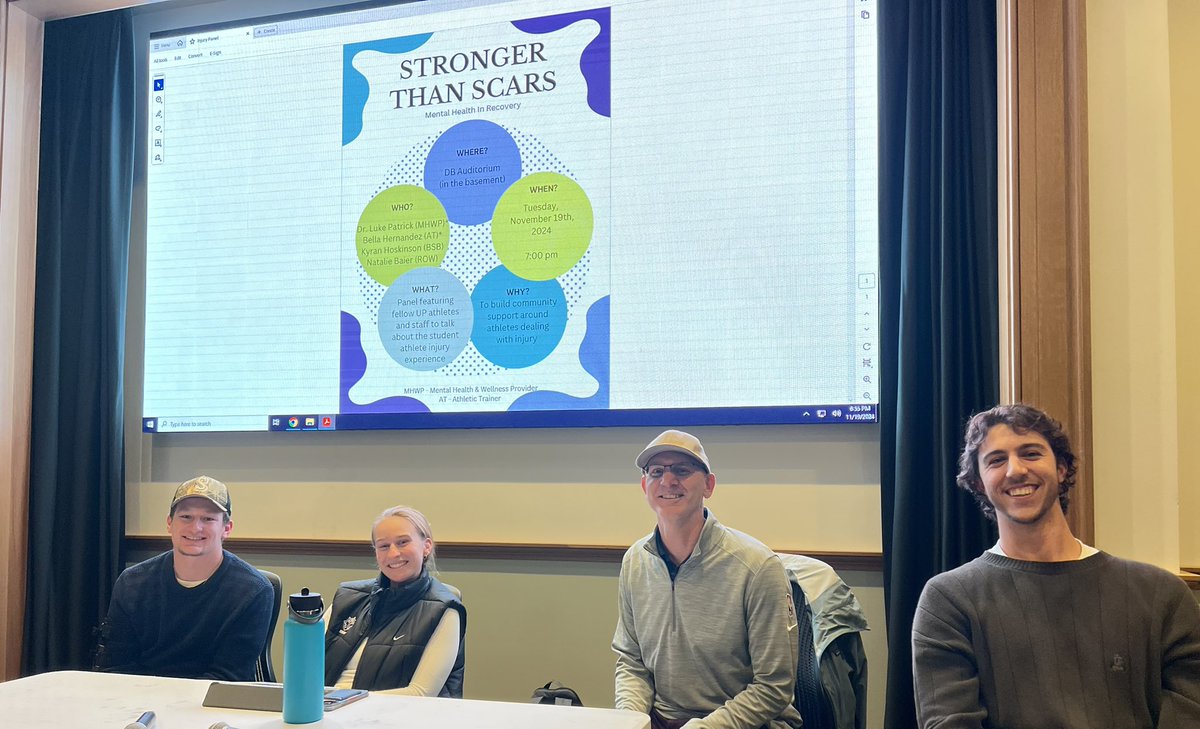 PilotsLead's tweet photo. The UP SAAC Wellness Committee held a panel discussion on injuries &amp; mental health this week! It was a great night with amazing team engagement on an important topic. #WeArePortland⚓️
#MentalHealthMatters💚 https://t.co/bb7p68ST4l