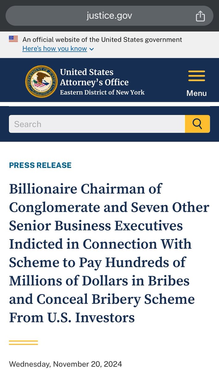 zoo_bear's tweet image. "Gautam Adani and seven other senior business executives indicted in connection with scheme to pay hundreds of Millions of dollars in BRIBES and conceal bribery scheme from U.S. investors". 
justice.gov/usao-edny/pr/b…