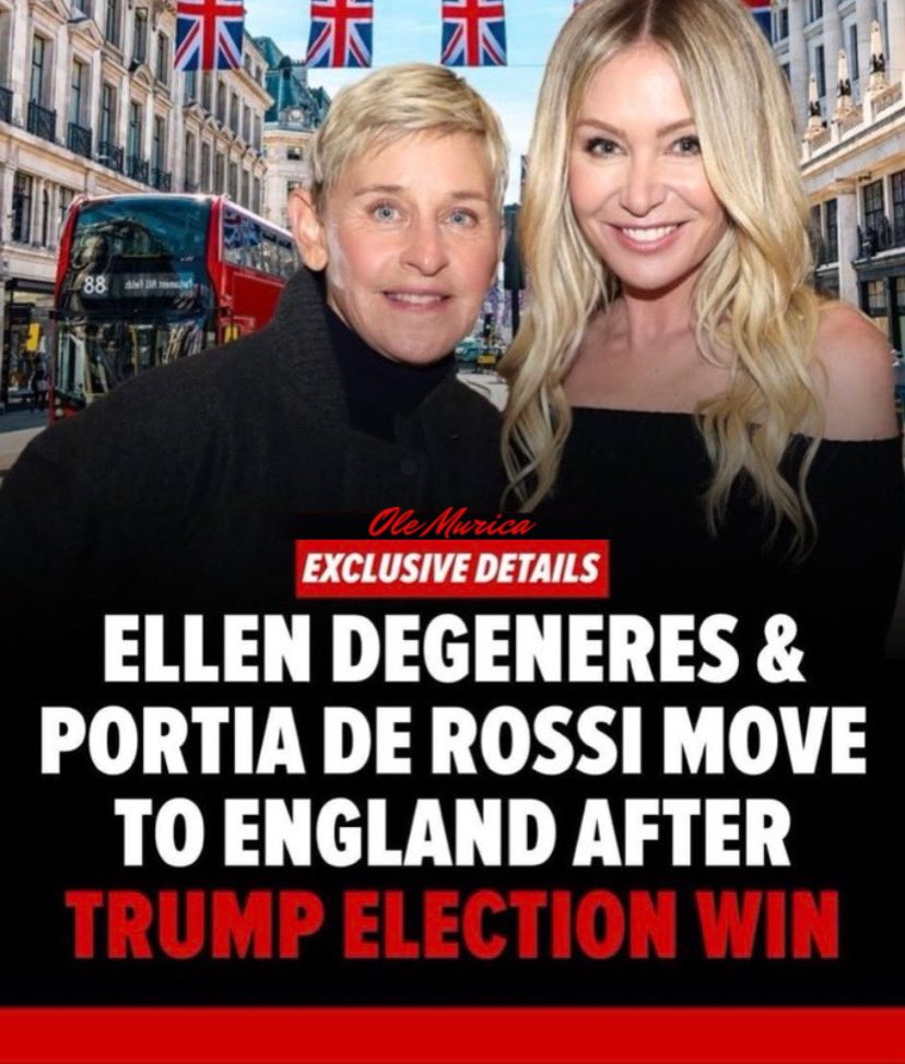 OleMurica's tweet image. BREAKING: Lesbian Ellen DeGeneres and her Lesbian wife, Portia de Rossi, say they have permanently moved to the U.K. after Donald Trump won the Presidential Election in a Landslide Victory.

It is worth noting both Ellen and Portia are close friends with Diddy.

Story Developing.