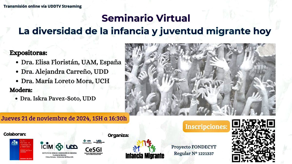 Agradecida de la invitación de Iskra Pavez Soto a participar de este Seminario Virtual y de compartir con estimadas colegas. 
Quedan muy invitados/as para mañana jueves 21 de noviembre, inscripciones en el código QR.