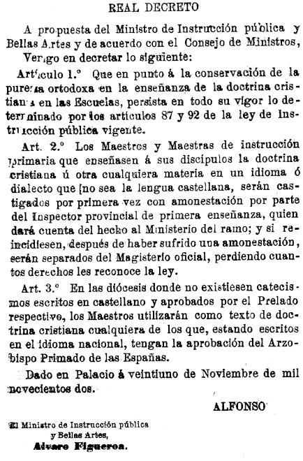 deleslletres's tweet photo. El 21 de novembre de 1902 un decret del Conde de Romanones va prohibir l'ús de la llengua catalana a la catequesi. Romanones creia que faríem ús del català com a eina per a la independència. Havia declarat que el poble que recobra la seva llengua, recobra la seva independència. https://t.co/N3HUIHVlft