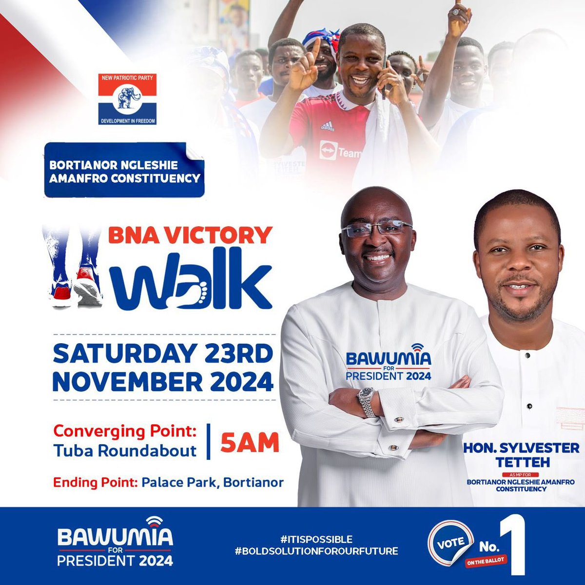 The much anticipated walk

BNA Victory Walk

Comes off this Saturday, 23rd November, 2024.

#ItIsPossible
#BoldSolutionsForOurFuture