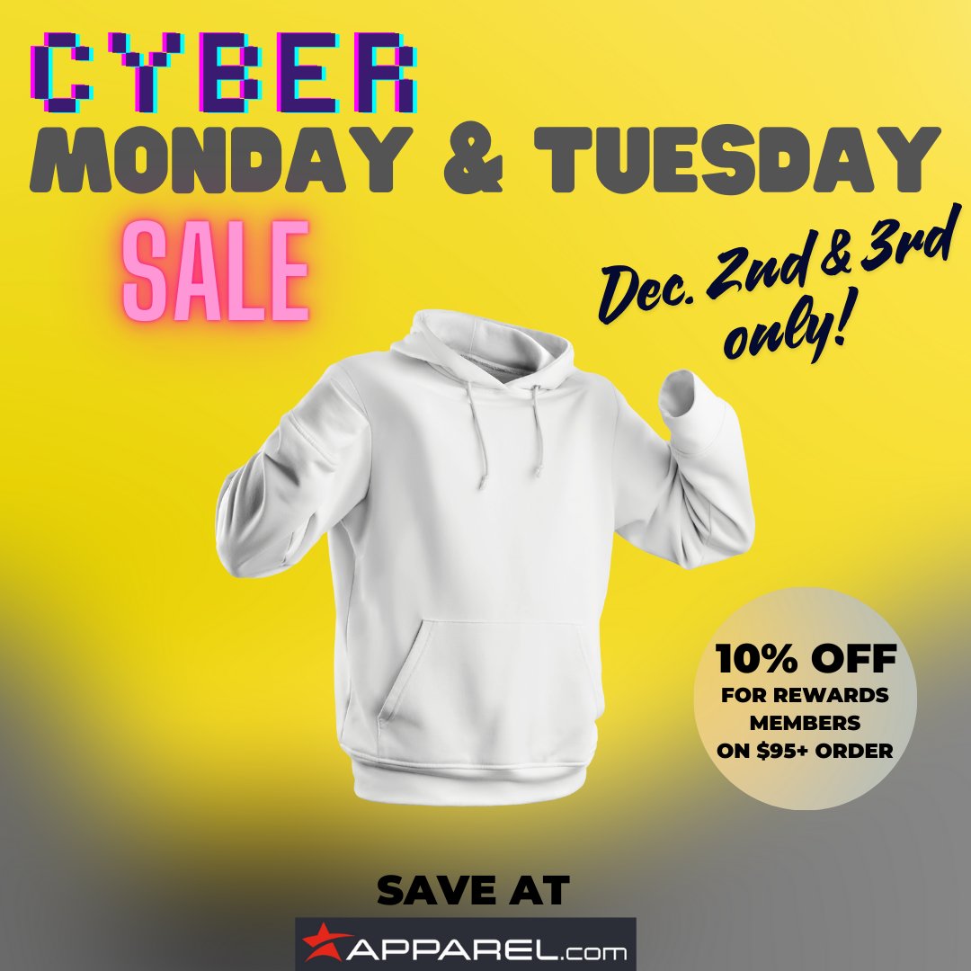 appareldotcom's tweet photo. Cyber Monday &amp; Tuesday Sale at https://t.co/JDnKONaggW
.
Save BIG at our Cyber Monday &amp; Tuesday Sale! Rewards members enjoy 10% off when you spend $95 or more. Don’t miss out on savings across all your favorites, including hoodies, crewneck sweatshirts, jogger sweatpants, &amp; more! https://t.co/QTDgvVrOZA