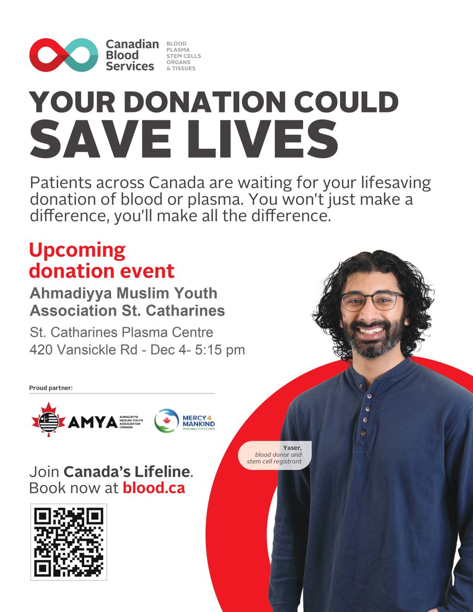 As part of Ahmadiyya Muslim Youth Association Canada's nationwide blood donation campaign, our Muslim Youth from St. Catharines, ON chapter of <a href="/AMYACanada/">Muslim Youth Canada</a> is donating blood.

🗓️ Dec 4, 2024
🕛 5:15PM
📍 420 Vansickle Rd, St. Catharines, ON

#CanadasLifeLine #Mercy4Mankind #Milton