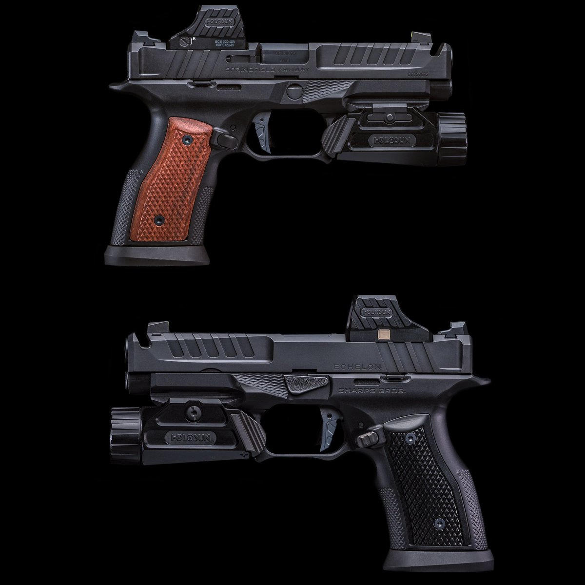 Our grip module for the Springfield Echelon. Top with Brazilian cherry wood, bottom: blacked out aluminum.