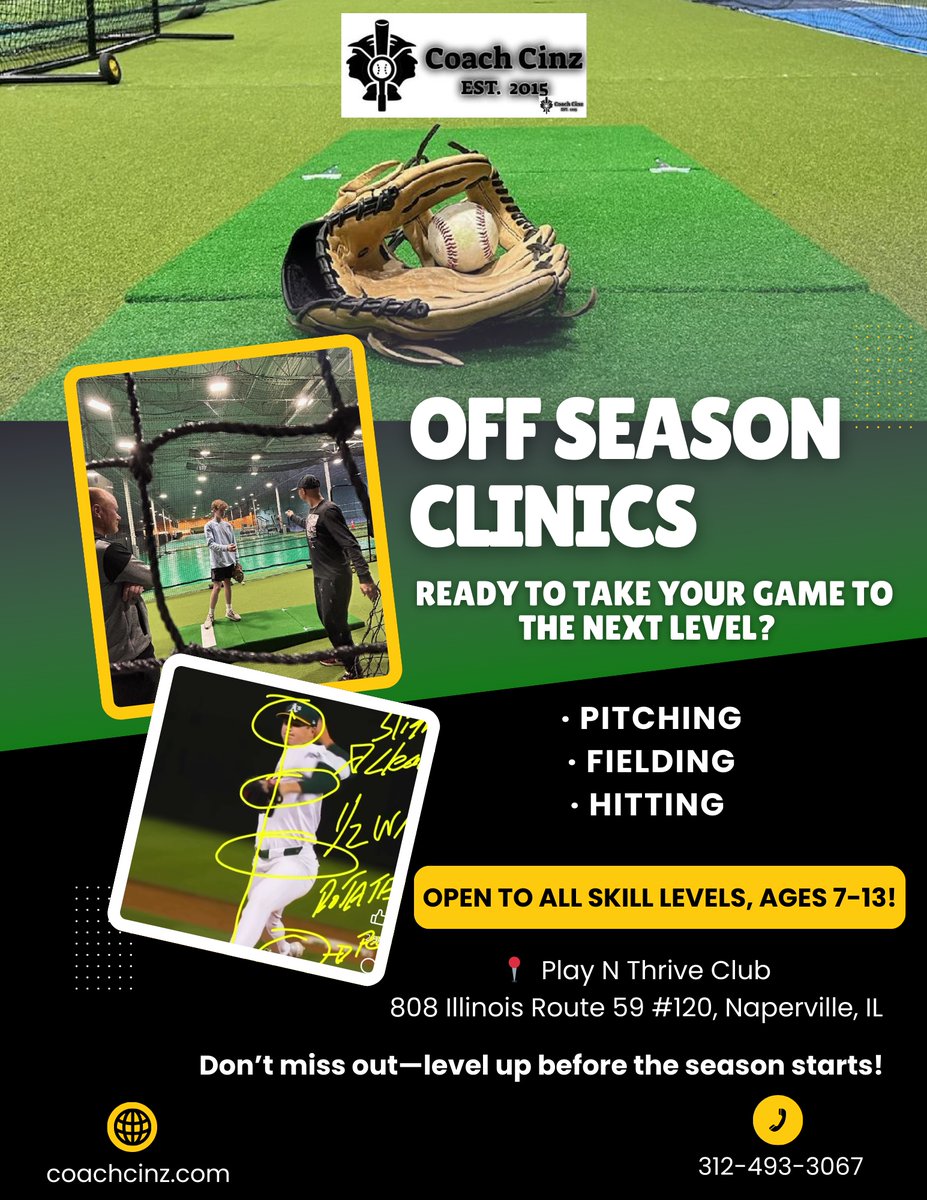 Looking to sharpen your skills during the off-season? Join me at the Play N Thrive Club for specialized Fielding, Pitching, and Hitting clinics designed to take your game to the next level! 🧢⚾️

 Check my website coachcinz.com for details!