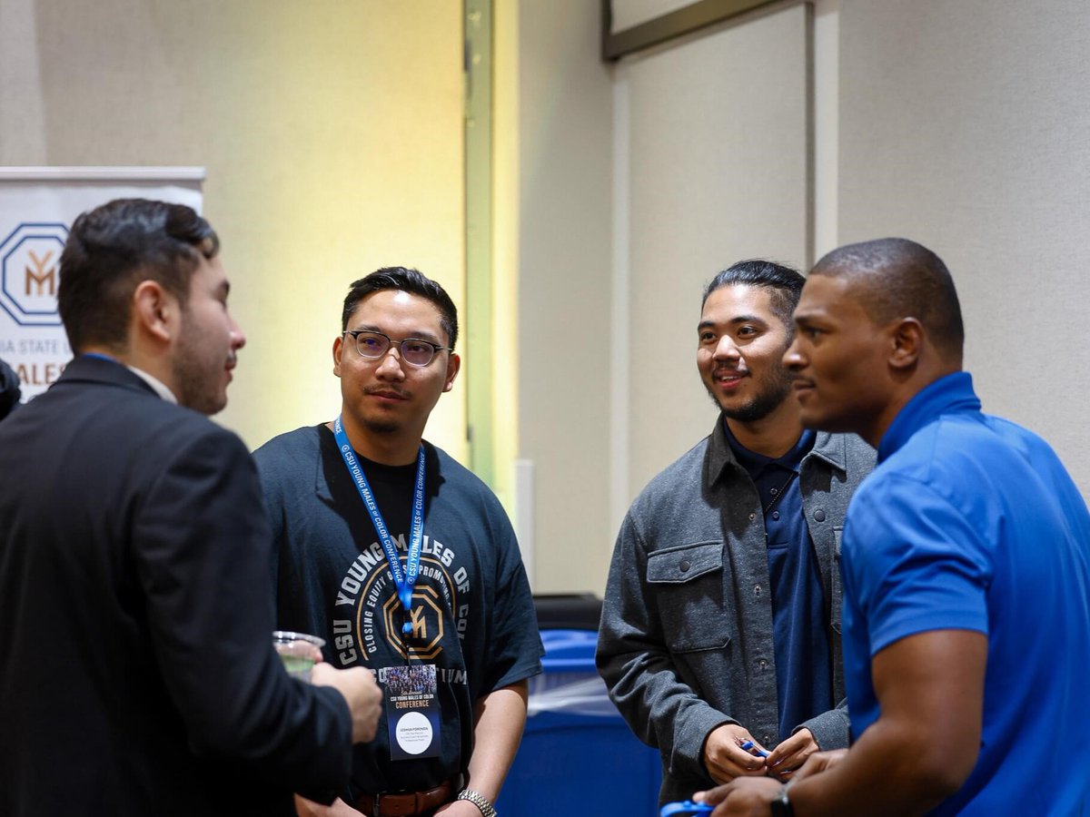 calstate's tweet photo. The CSU Young Males of Color Conference brought together 23 #CalState universities—as well as partners from more than 20 @CalCommColleges —to address access, retention and grad rates for Black, Latinx, Asian Pacific Islander, and Native American men: https://t.co/weXWod2kIN https://t.co/3mAr85xHt9