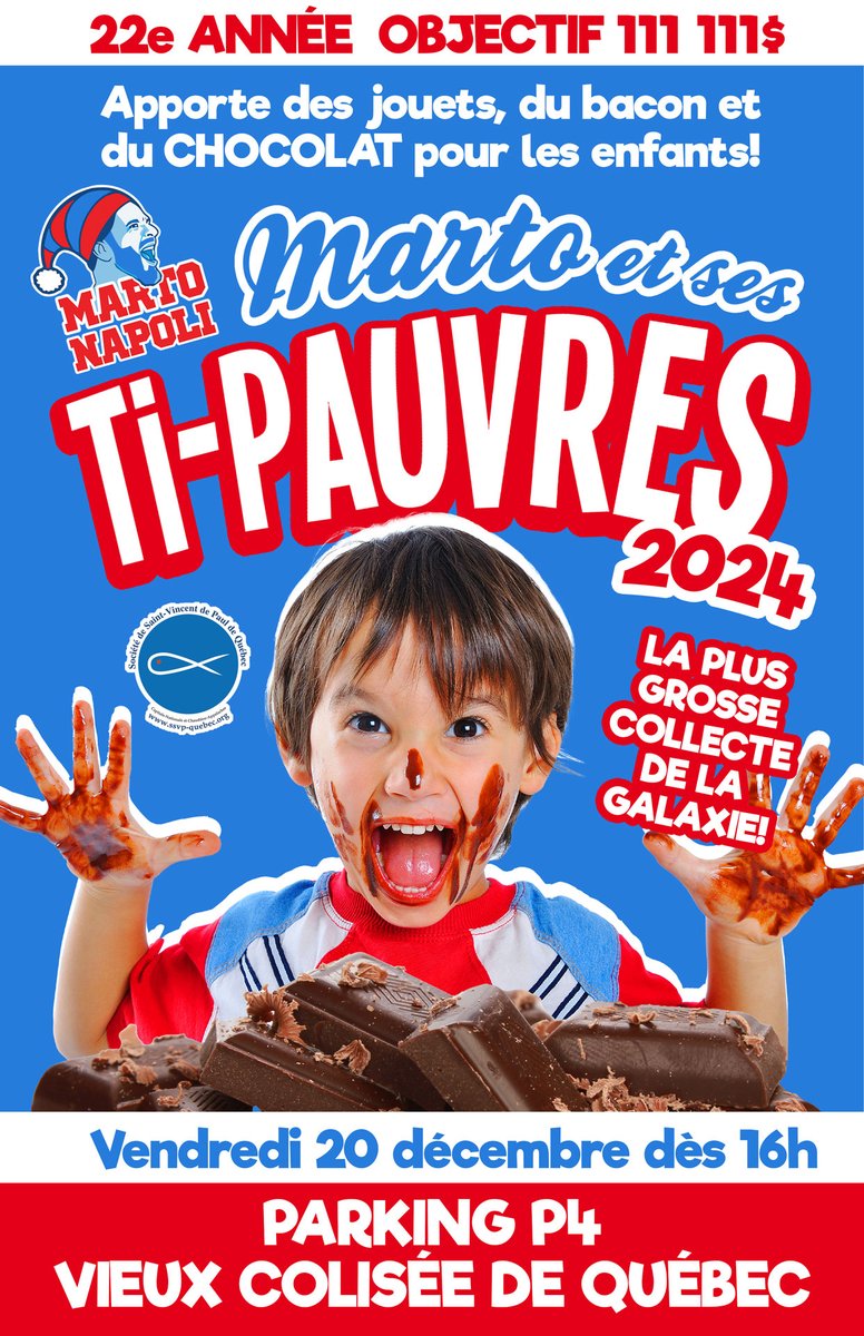 MartoNapoli's tweet image. Le MÊME NOM, le MÊME plaisir de donner aux enfants, mais ENCORE PLUS DE CADEAUX !!!
C'est OFFICIEL, c'est le retour de Marto et ses Ti-Pauvres 2024 - La 22e collecte!
