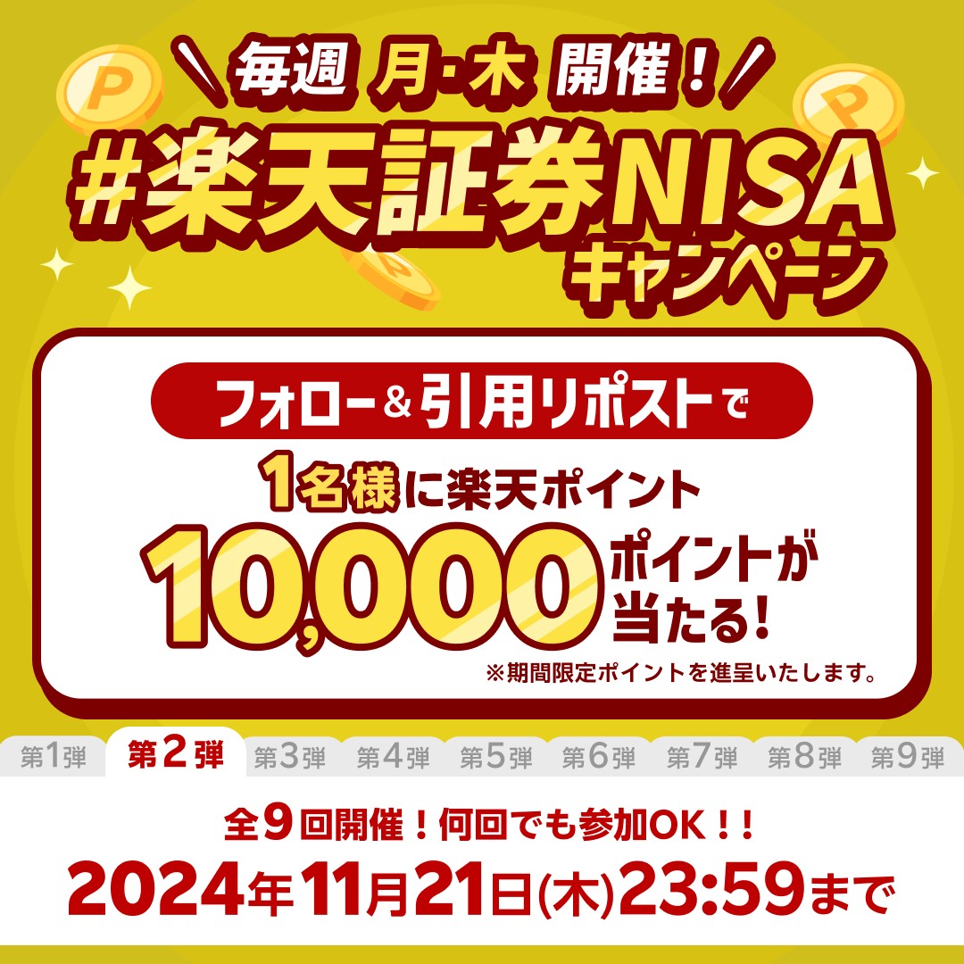 RakutenSec's tweet photo. ＼毎週 月・木開催！／
#楽天証券NISAキャンペーン第2弾

抽選で1名様に楽天ポイント10,000ポイントプレゼント🎁

参加方法はこちら👇
①@RakutenSec をフォロー
②11/21(木)中に #楽天証券NISA をつけて引用リポスト

続く👇 https://t.co/Bz50ccz5a2