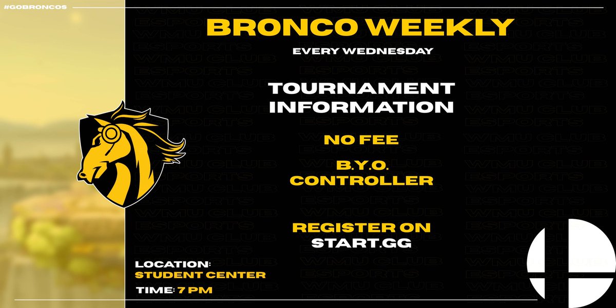 Don’t forget that Bronco Weekly 11, our student-ran Smash tourney, is happening tonight at the Student Center starting at 7pm!  

Register on startGG!