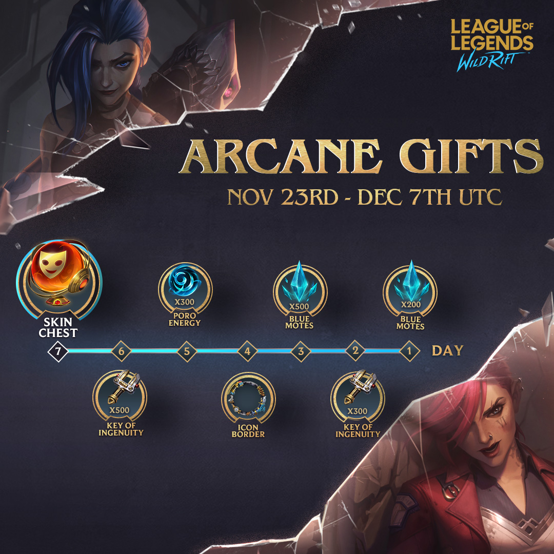 wildrift's tweet photo. Arcane’s the gift that keeps on giving! Log in and play a match for seven days to get Season 1’s Arcane Vi or Arcane Jinx for FREE 🔥 https://t.co/Y8GVK3SgKD