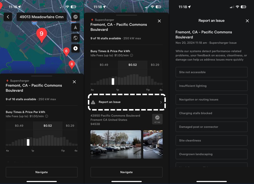 TeslaCharging's tweet photo. With the new Tesla App update, you can report issues at Tesla charging locations at any time. Our systems already auto-detect charging performance, but sharing issues related to access, cleanliness or damage can help us improve site experience faster. https://t.co/KGqDUM7o22