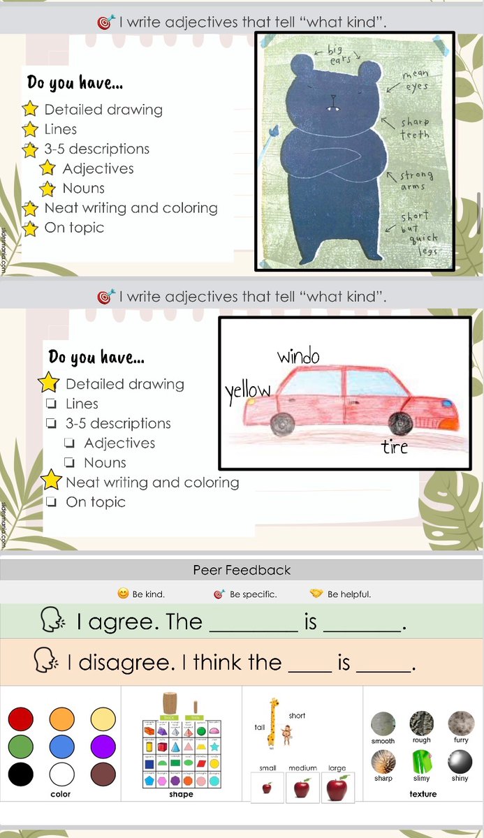 1st grade using adjectives to tell “what kind” and giving peer feedback. I love their sweet friendship AND their writing! Check out their work in the 2/3 hallway. #stophershines #jcpsoml #patternsofwonder