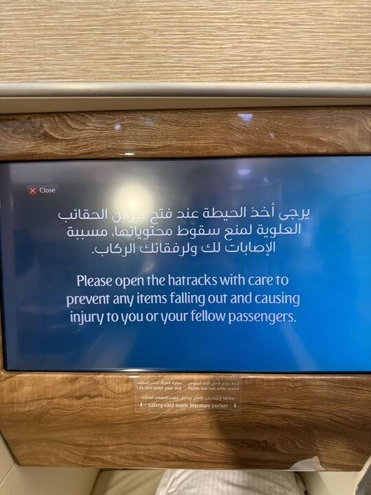 Dear <a href="/emirates/">Emirates</a> ... thank you for a flawless round trip SFO-DXB-SFO in 65hrs... really great. 

One cute mistranslation you might want to fix? ... unless there were actually hatracks somewhere? I think you mean overhead bins :).
