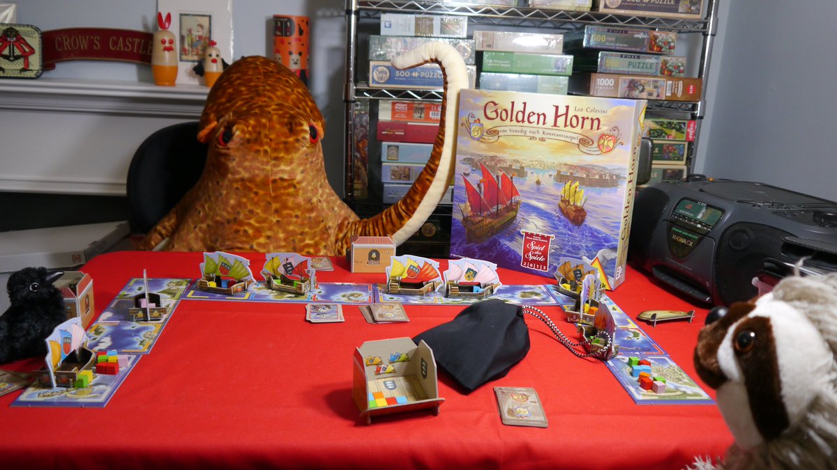 CrowsCastle's tweet image. Little Crow, Ollie Octopus, and Sue Sloth are having fun as merchants of Venice in the game of the Golden Horn. We are happy to offer this hard-to-find game! #game