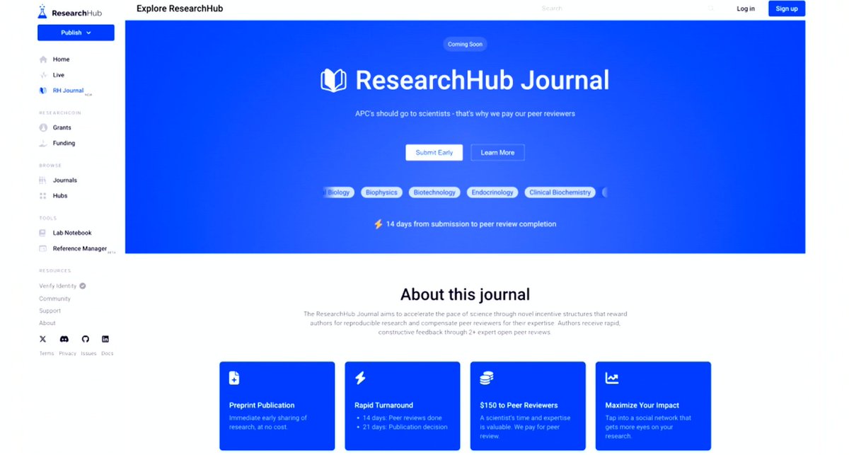 Big news from #SciCon2024: ResearchHub is launching its own journal.

It will offer:

• Enhanced visibility for your papers.
• Immediate preprint publication.
• Rapid (21-day) turnaround.
• Paid peer review.

Submit your manuscript for publication today.