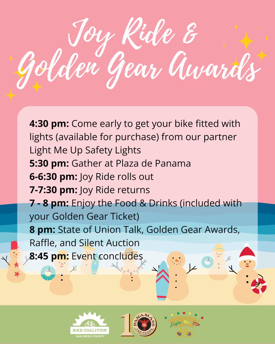 🚴✨ Join us Thursday, Dec. 5th for the Joy Ride &amp; Golden Gear Awards! 🎉 Light up Balboa Park! 🌟

4:30 PM: Bike light fittings
5:30 PM: Joy Ride (Free)🚴
7 PM: Awards + food/drinks ($40)
🎁 Win a Radster e-bike &amp; more!
RSVP: givebutter.com/joyride2024
#SDJoyRide #GoldenGearAwards