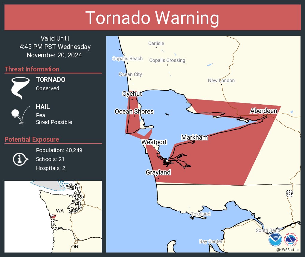 Tornado Warning including Aberdeen WA, Hoquiam WA and  Ocean Shores WA until 4:45 PM PST