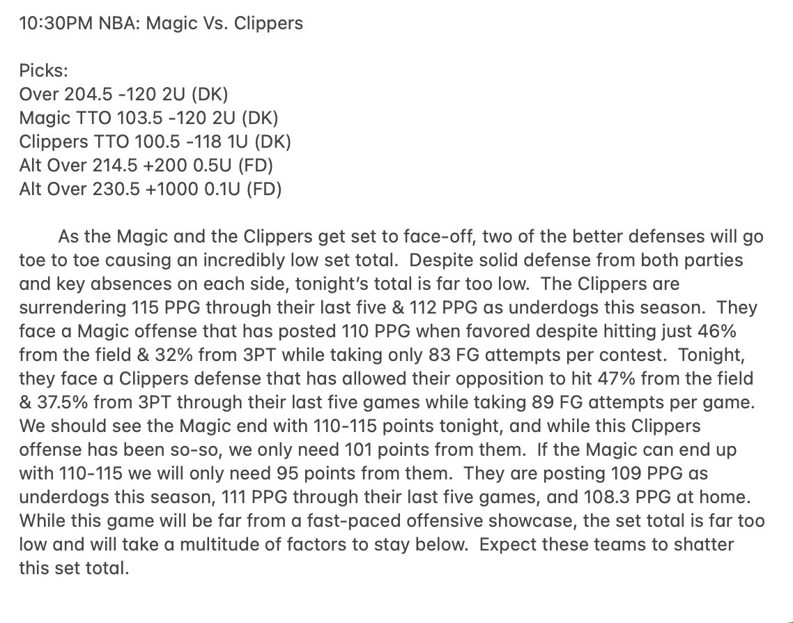 SRCGROUP2K's tweet image. Tonight's NBA Free: Magic Vs. Clippers

🏀Over 204.5 -120 2U (DK)
🏀Magic TTO 103.5 -120 2U (DK)
🏀Clippers TTO 100.5 -118 1U (DK)
🏀Alt Over 214.5 +200 0.5U (FD)
🏀Alt Over 230.5 +1000 0.1U (FD)

Huge night of CBB in the lounge!  

#Betsmarter #GamblingX #FDCITP
