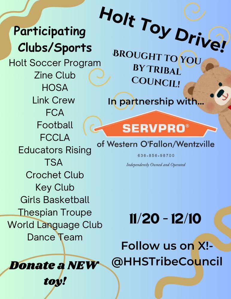 NationHolt's tweet photo. 🎁 Holt Toy Drive! 
Holt Football is proud to take part in the Holt Toy Drive! We encourage each player to donate 1 new toy !
📍 Drop-off Locations:
Coach Place's Classroom (for players)
Attendance Office (for anyone else who wants to donate) https://t.co/uNWvzmHkDq