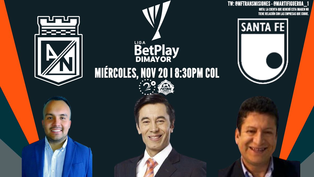 🇨🇴 <a href="/LigaBetPlayD/">LigaBetPlayDimayor</a> 2024-II - Grupo A (Fecha 1)

<a href="/nacionaloficial/">Atlético Nacional</a> 💚 - <a href="/SantaFe/">Independiente Santa Fe</a> 🦁

Relator: <a href="/Mabetorelator/">Mario Hernández</a>
Comentarista: <a href="/octamorago/">Octavio Mora Gomez</a>
Informes: <a href="/elmagoinforma/">Ernesto H. Carrillo Rojas</a>

📻: @Antena2RCN (<a href="/futbolvisitante/">Fútbol Visitante</a>)

📱 ¡Síguenos!