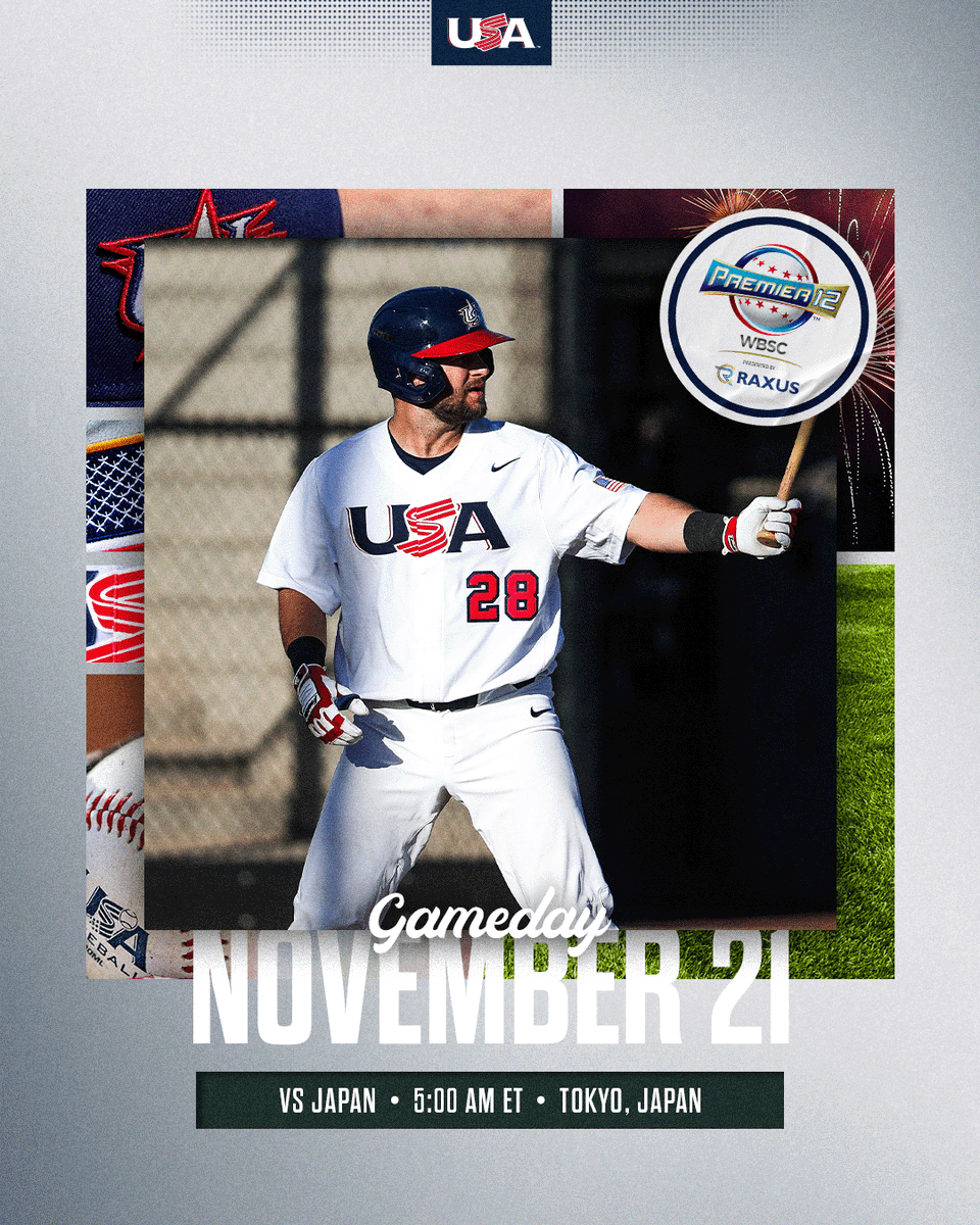 USABaseball's tweet image. GAMEDAY!

🆚: Japan 🇯🇵
⏰: 7:00 p.m. local/5:00 a.m. ET
🏟️: Tokyo Dome
📺: DAZN ($)
📊: bit.ly/P12-LiveStats
📰: bit.ly/Japan-Pre