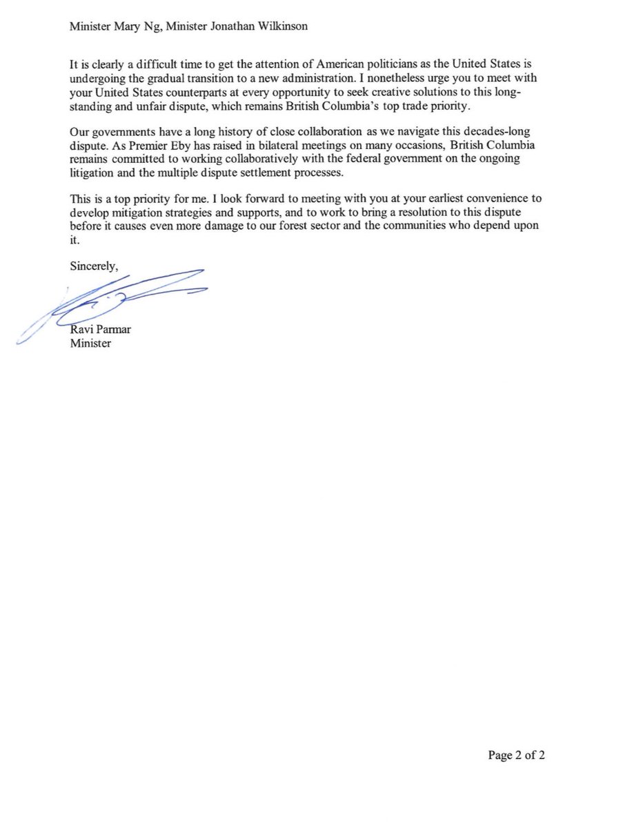 🇺🇸 softwood lumber duties hurt our forest sector.

As my first action as BC’s Minister of Forests, I’ve ✍🏾 to 🇨🇦 urging them to step up &amp; prioritize ending these punitive tariffs.

It’s my job to stand up for workers, families, &amp; our 🌲 sector &amp; that’s what I’ll do every day.