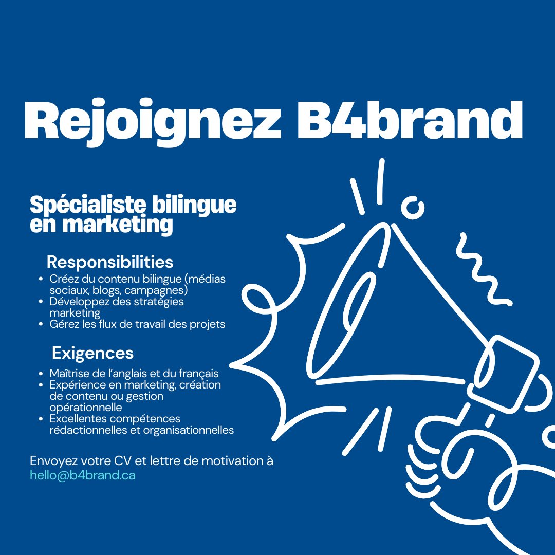 B4brand recrute ! 
👉 Postulez dès maintenant : Envoyez votre CV et lettre de motivation à hello@b4brand.ca.