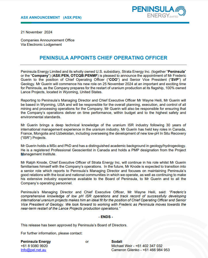 PEN_Energy's tweet image. $PEN is pleased to announce the appointment of Mr Frederic Guerin to the position of Chief Operating Officer and Senior Vice President of Geology commencing on 25 November.
See the full announcement: bit.ly/3CG960X
#uranium