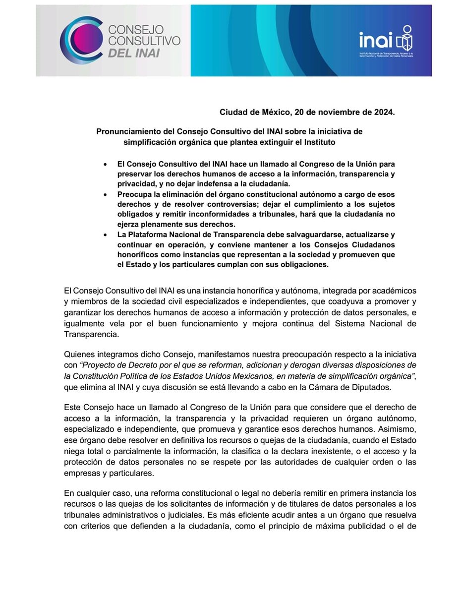 ConsejoConINAI's tweet photo. Llama @ConsejoConINAI al Congreso de la Unión (@Mx_Diputados @senadomexicano) a preservar los derechos humanos de transparencia y privacidad, un órgano especializado que resuelva inconformidades antes que los tribunales, y que mantenga la PNT y los Consejos Ciudadanos. https://t.co/PVD8DJXl4e