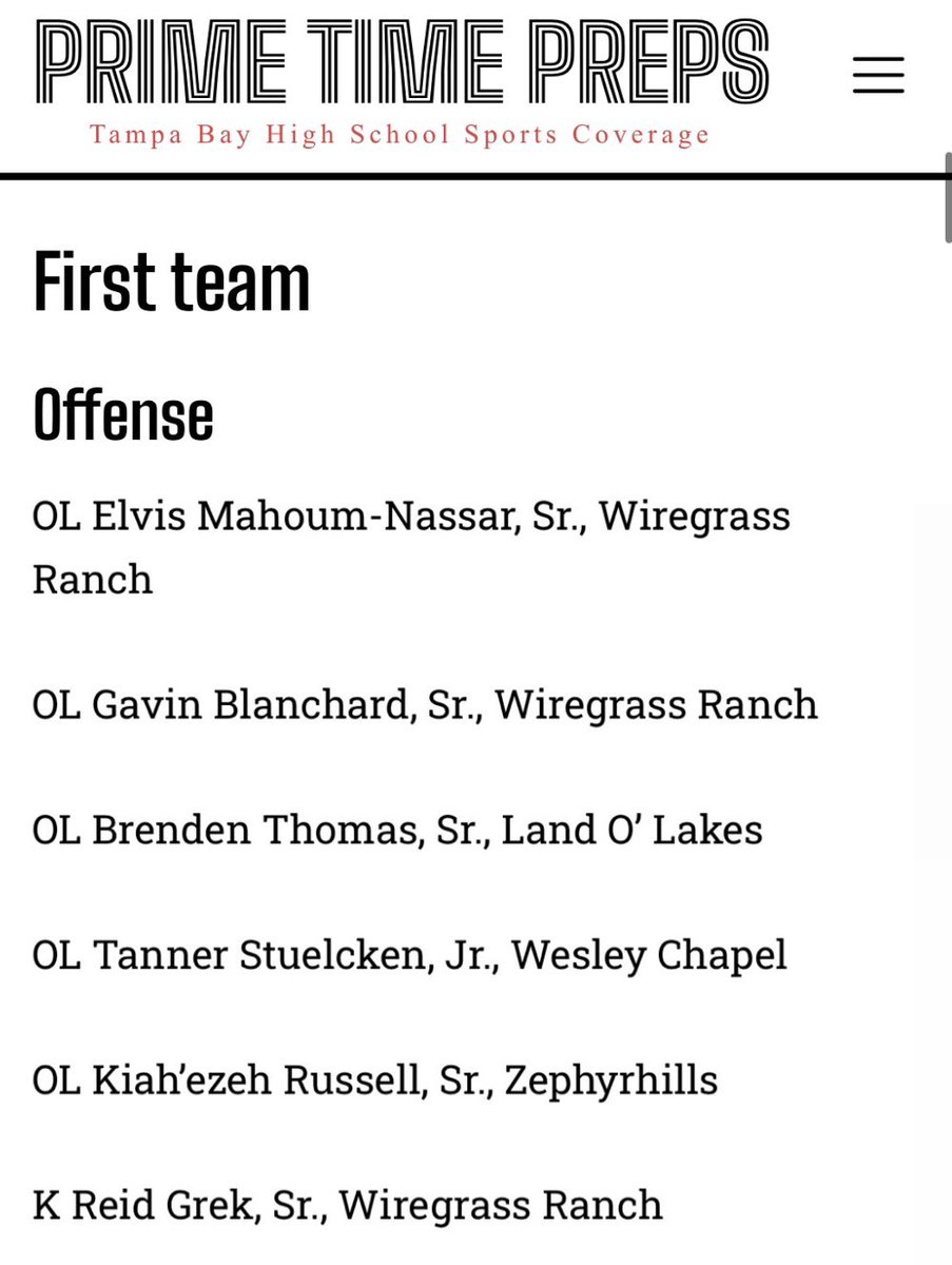 Elvis “Big EL” Mahoum-Nassar (@elvismahoum) on Twitter photo So blessed to be awarded First Team All conference‼️#AllGasNoBreaks
<a href="/CoachGroneqb/">Coach G</a>
<a href="/hdcoach_mark/">Mark Kantor</a>
@coachmikehayde <a href="/CJFloden/">Connor Floden</a> <a href="/ssaulnier1/">steven saulnier</a> <a href="/chaseoliver24/">Chase Oliver</a> <a href="/WGRanchFootball/">Wiregrass Ranch High School Football</a> <a href="/Coach_Milton/">Coach Milton</a> <a href="/GavinBlanchard9/">Gavin Blanchard5️⃣1️⃣</a> So blessed to be awarded First Team All conference‼️#AllGasNoBreaks
<a href="/CoachGroneqb/">Coach G</a>
<a href="/hdcoach_mark/">Mark Kantor</a>
@coachmikehayde <a href="/CJFloden/">Connor Floden</a> <a href="/ssaulnier1/">steven saulnier</a> <a href="/chaseoliver24/">Chase Oliver</a> <a href="/WGRanchFootball/">Wiregrass Ranch High School Football</a> <a href="/Coach_Milton/">Coach Milton</a> <a href="/GavinBlanchard9/">Gavin Blanchard5️⃣1️⃣</a>