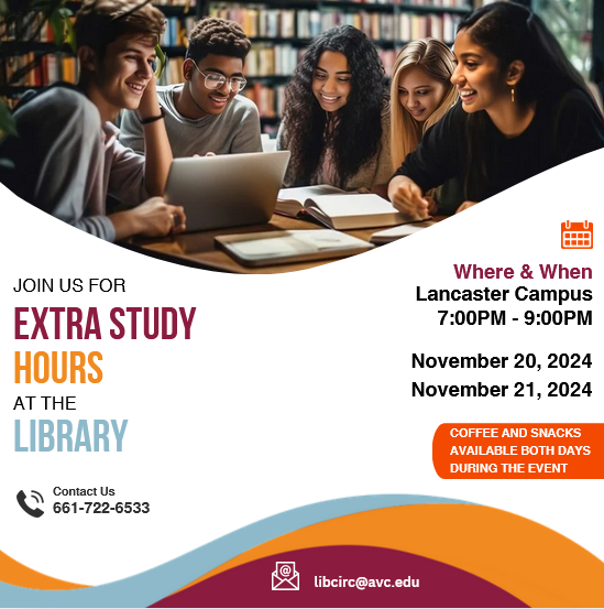 AVCLibrarian's tweet photo. Need a quiet space, librarian help, or a study snack? Join us tonight AND tomorrow for extended study hours at the AVC Main Campus Library. We'll be around til 9pm! #avc_library #avclibrary #antelopevalleycollege 😄☕❤️ https://t.co/F2hQfymjKz