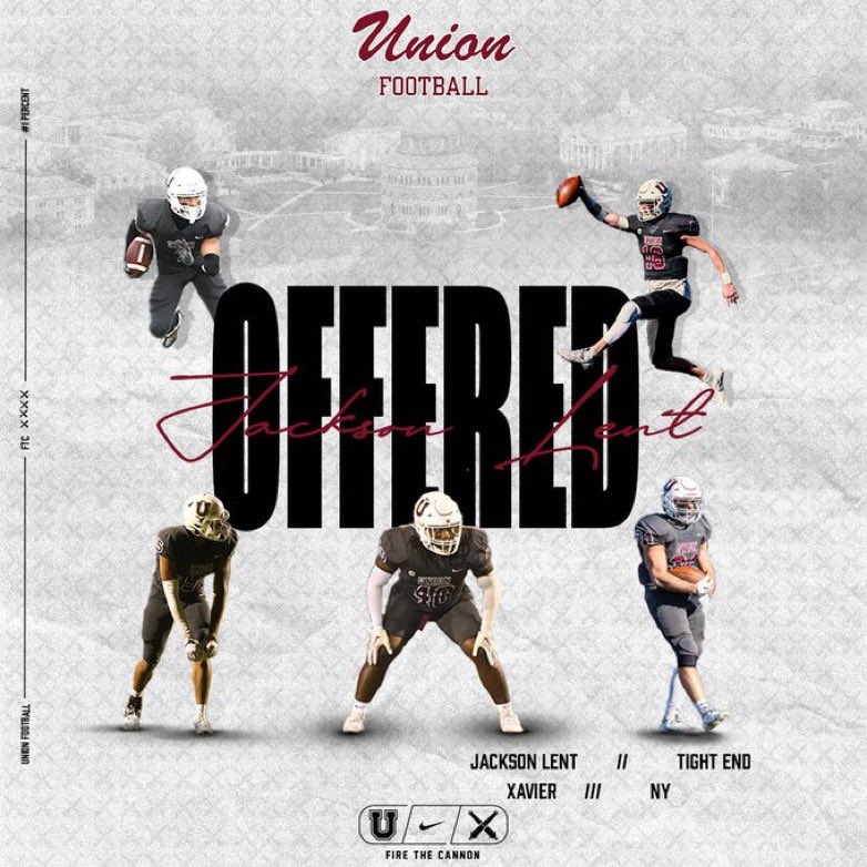 Jackson Lent (@jacksonlent_) on Twitter photo AGTG! After a great call and conversation with <a href="/CoachDrach/">Jonathan Drach</a>, I am blessed to have received my 8th offer from <a href="/UnionCollegeFB/">Union College Football</a>. <a href="/FBCoach_Sino/">Terence Sino</a>
<a href="/_DomDeFalco/">Dominic DeFalco</a> <a href="/CoachRennison/">Jay Rennison, CSCS</a> <a href="/JosephLozito/">Joseph Lozito</a> AGTG! After a great call and conversation with <a href="/CoachDrach/">Jonathan Drach</a>, I am blessed to have received my 8th offer from <a href="/UnionCollegeFB/">Union College Football</a>. <a href="/FBCoach_Sino/">Terence Sino</a>
<a href="/_DomDeFalco/">Dominic DeFalco</a> <a href="/CoachRennison/">Jay Rennison, CSCS</a> <a href="/JosephLozito/">Joseph Lozito</a>