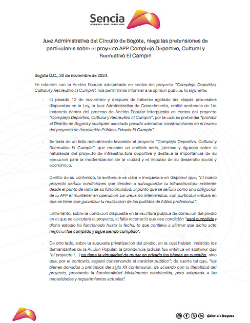 SenciaBogota's tweet photo. 📌 Este fallo se consolida como el respaldo al sueño de nuestra ciudad de transformar una zona para convertirla en el más importante lugar para el deporte, la cultura y el entretenimiento. Un espacio moderno, inclusivo y lleno de vida, para todos los ciudadanos. 🏟🎶 Más info⬇️ https://t.co/rsF00Va4qa