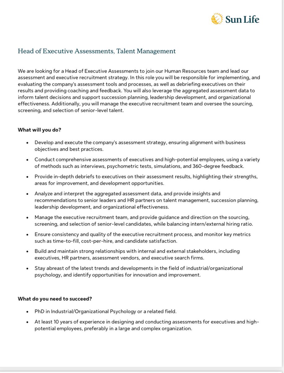 CSIOP_SCPIO's tweet image. #JobAd

@SunLife is looking for Head of Executive Assessments to join their HR team! 

Individuals interested in applying for this role, please contact Susan Gittins, Director, Executive Recruiting, at susan.gittins@sunlife.com or (647) 281-4596 

#CSIOP