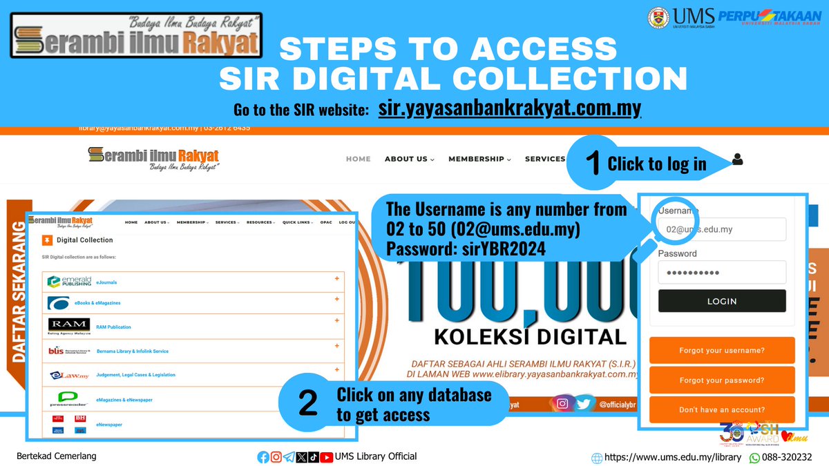Lib_UMS's tweet image. 📢KOLEKSI DIGITAL SERAMBI ILMU RAKYAT (SIR) [Akses PERCUMA]

Layari bahan bacaan koleksi digital SIR yang boleh diakses melalui laman web SIR: elibrary.yayasanbankrakyat.com.my 

Ikuti langkah-langkah dalam poster untuk akses kepada setiap pangkalan data yang disenaraikan

#UMSLibraryShare