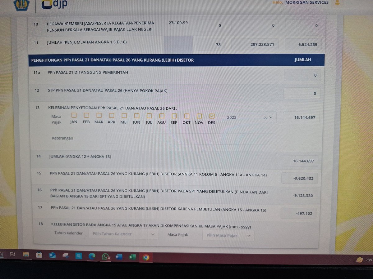 Nuraput_'s tweet photo. @kring_pajak halo Min. Mau tanya jadi kami ada pembetulan SPT Masa Januari 2024, PPH terhutang berubah. Ada LB dari bulan Des 2023 yang udh dikompensasikan (point 13). pada point 15 muncul selisih sisanya &amp; di point 17 juga muncul. Ini yg dipake yg mana ya buat di no. 18 https://t.co/xED4K9HJs0