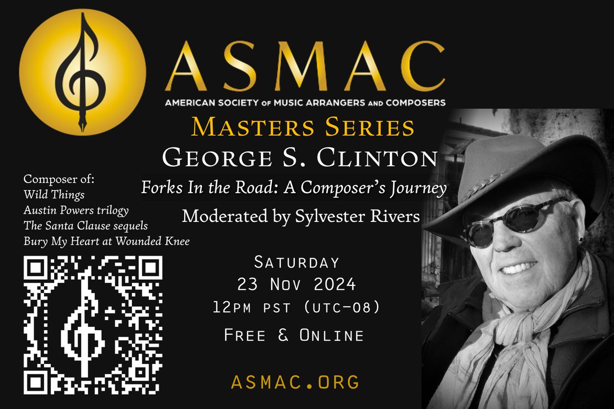 ASMAC Masters Series
George S. Clinton
Forks In the Road: A Composer’s Journey
Moderated by Sylvester Rivers
Sat 23 Nov 2024 12pm PST (UTC-08)
Free &amp; Online

#AustinPowers, #TheSantaClause, Cheech &amp; Chong, Wild Things, #MortalKombat, …

buff.ly/48lGe9Z

#filmcomposer
