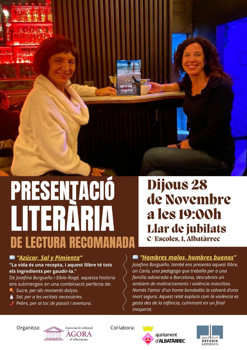 ✨🍭 *Presentació Literària* *Sucre, Sal i Pebre* 🧂🌶️
📖 "La vida és una recepta, i aquest llibre té tots els ingredients per gaudir-la."

📅 Dia: *28 de novembre* 
⏰ Hora: *19:00* 
📍Lloc: *Llar de Jubilats*