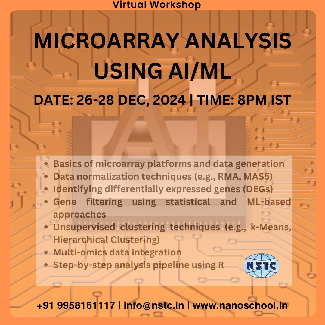 ITBreakCom's tweet image. Analysis of Microarray Data using Machine Learning/AI in R
Date: Dec 3-5, 2024
Time: 8 PM IST
Mode: Online
Register Now: nanoschool.in/enroll-me/?pid…
Know More: nanoschool.in/biotechnology/…
#MicroarrayAnalysis #MachineLearningInBioinformatics #AIInBiology #GeneExpressionAnalysis