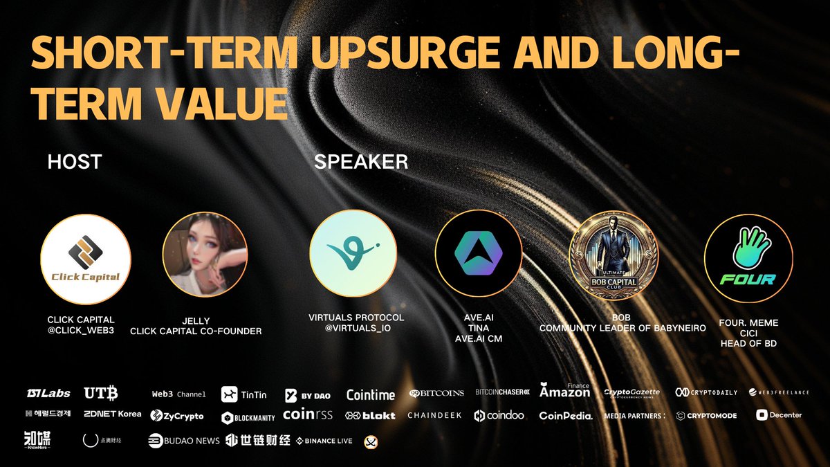 Click_Web3's tweet image. Click Capital AMA 🎙️
🚀Topic: Short-term upsurge and long-term value
🔗Space: 
🕐Date: November 21th 12:00pm UTC

👩‍🦰Hosts: @Jellyweb3 @Celiaweb3 
🧑Speakers: 
Virtuals Protocol @virtuals_io
Ave. ai @aveaiofficial
Four. Meme @four_meme_ 
BOB @BOB_CC_Strong…