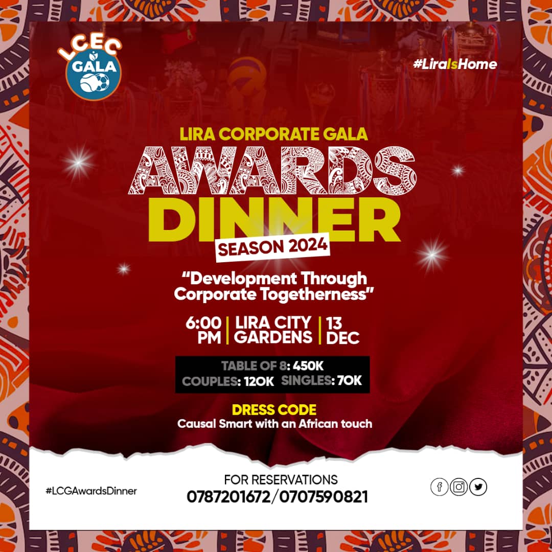 Dear Corporates, this is an opportunity for y'all to dine together with other corporates as you network ! 
Lira Corporate Gala awards dinner season 2024 is slated for 13th Dec <a href="/lira/">lica**</a> city Gardens! 

Grab your tickets now , we do delivery as well!