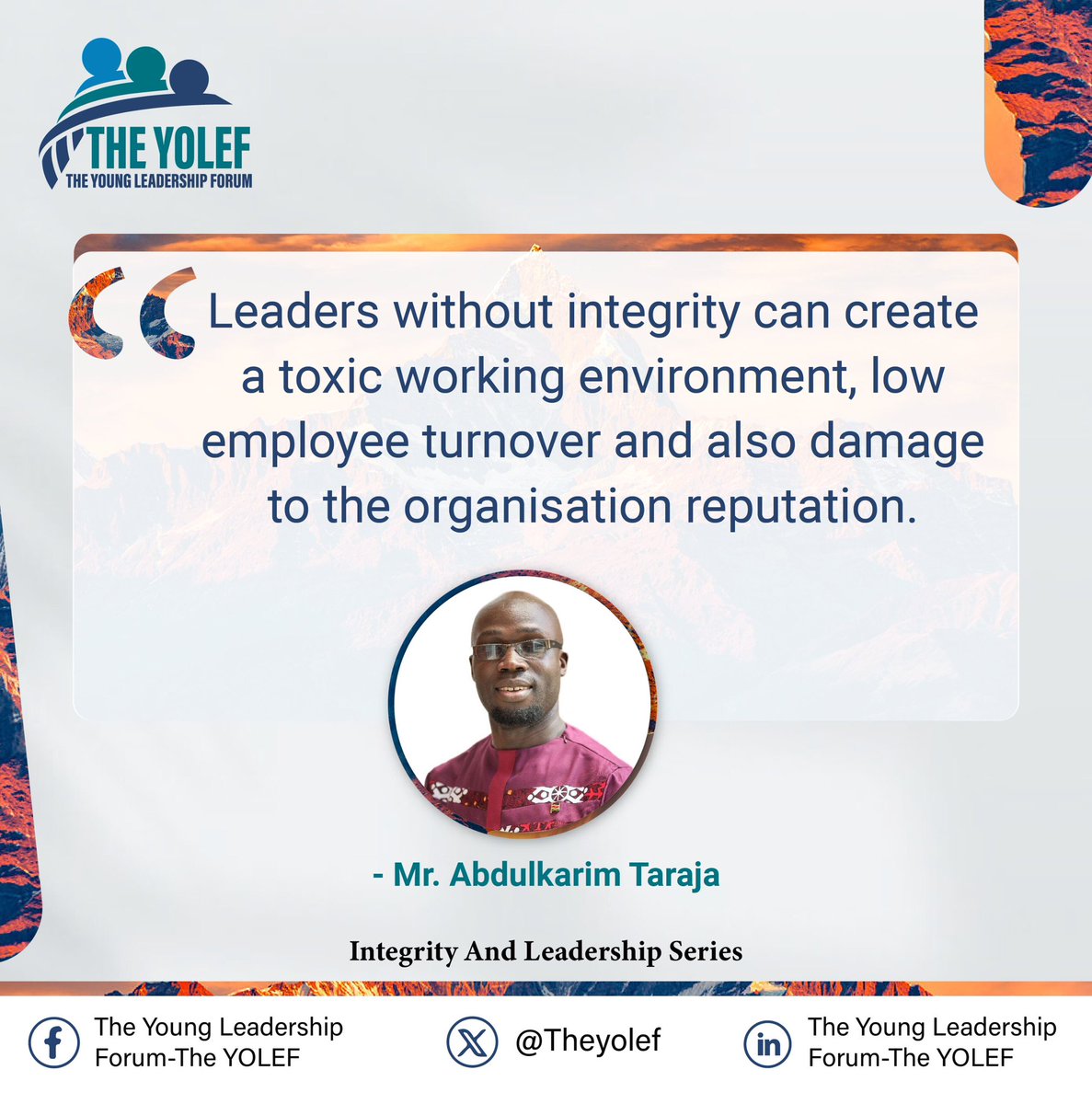 The Young Leadership Forum (@theyolef) on Twitter photo Leaders without integrity will always create a toxic working environment which can affect the team performance.
#integrityandleadershipseries
#leaderstalkseries
<a href="/NasiboDuba/">Nasibo Duba Golicha</a> <a href="/Abdkarim_Taraja/">Elgon Centre 4 Education</a> <a href="/ECEKenya/">Elgon Centre for Education</a> <a href="/YALIRLCEA/">YALI RLC EA</a> <a href="/johnpeteramalai/">John Peter Ama</a> <a href="/desire_ati52450/">Atim Desire</a> <a href="/SozoJesca/">Jesca Sozo</a> <a href="/Jessica_Aanyu/">Jessica Sheillah Aanyu</a> Leaders without integrity will always create a toxic working environment which can affect the team performance.
#integrityandleadershipseries
#leaderstalkseries
<a href="/NasiboDuba/">Nasibo Duba Golicha</a> <a href="/Abdkarim_Taraja/">Elgon Centre 4 Education</a> <a href="/ECEKenya/">Elgon Centre for Education</a> <a href="/YALIRLCEA/">YALI RLC EA</a> <a href="/johnpeteramalai/">John Peter Ama</a> <a href="/desire_ati52450/">Atim Desire</a> <a href="/SozoJesca/">Jesca Sozo</a> <a href="/Jessica_Aanyu/">Jessica Sheillah Aanyu</a>