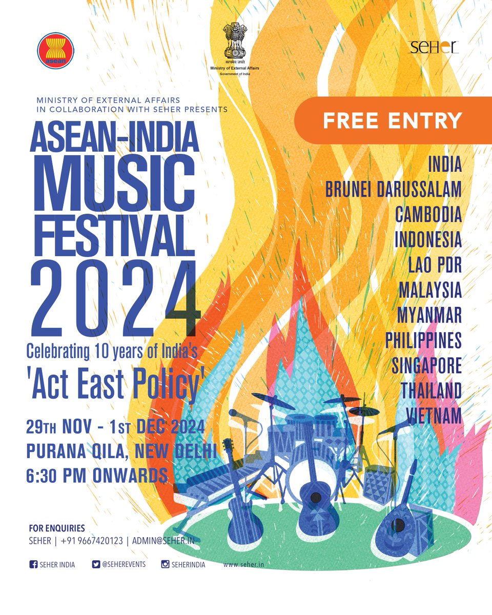 🎶 Celebrate 10 years of India’s 'Act East Policy' &amp; ASEAN-India Comprehensive Strategic Partnership! Join us at the 3rd ASEAN-India Music Festival 🎤
📍 Purana Qila, New Delhi
🗓️ 29th Nov - 1st Dec
🎸 15 incredible bands from ASEAN and India
@seherindia #ASEANIndiaMusicFest2024