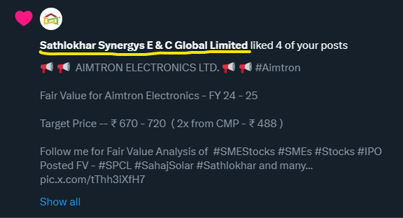 singh_gauravs's tweet photo. When SME company ( #sathlokar ) liked your Fair Value Analysis of many #SMEs
Follow me for Fair Value Analysis of #SMEStocks #SMEs #Stocks #IPO
Posted FV - #ChavdaInfra #Oriana #SahajSolar #avpinfra #Frogcell #Rulka and many more https://t.co/52IxUCniEO