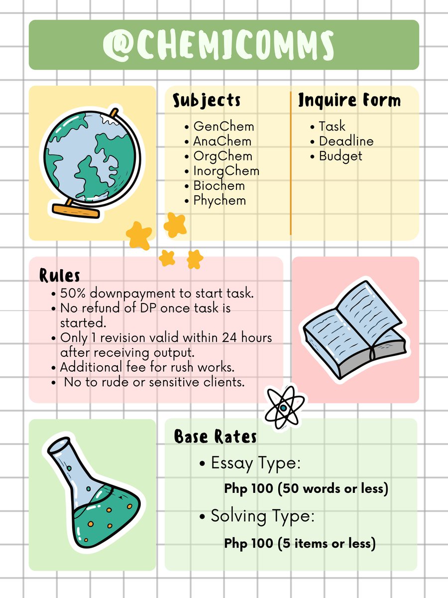 chemicomms's tweet photo. Hi I’m Blu! I am a BS Chemistry graduate and a RCh 👩🏻‍🔬

Is Chemistry stressing you out lately? Well problem solved cuz I can help you ease that burden.

Check details below and DM for inquiries 💌 https://t.co/meVNi7PWSi